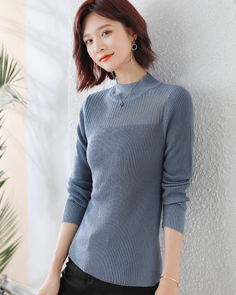 DEER.W 半高領網紗拼接針織上衣 灰藍