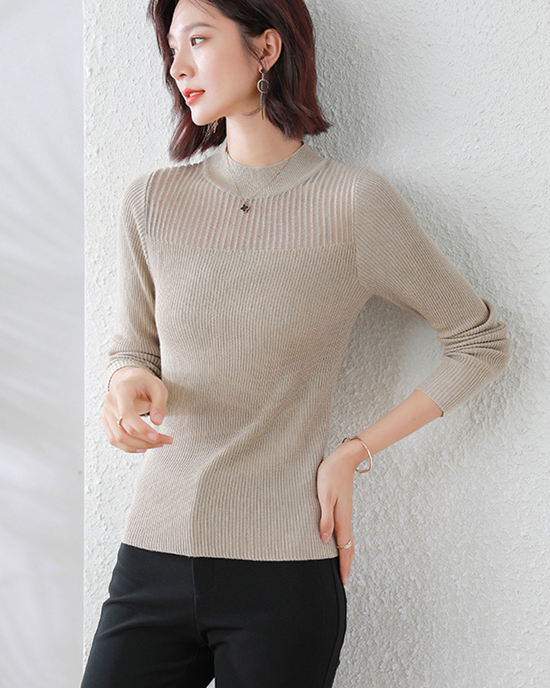 DEER.W 半高領網紗拼接針織上衣 淺駝