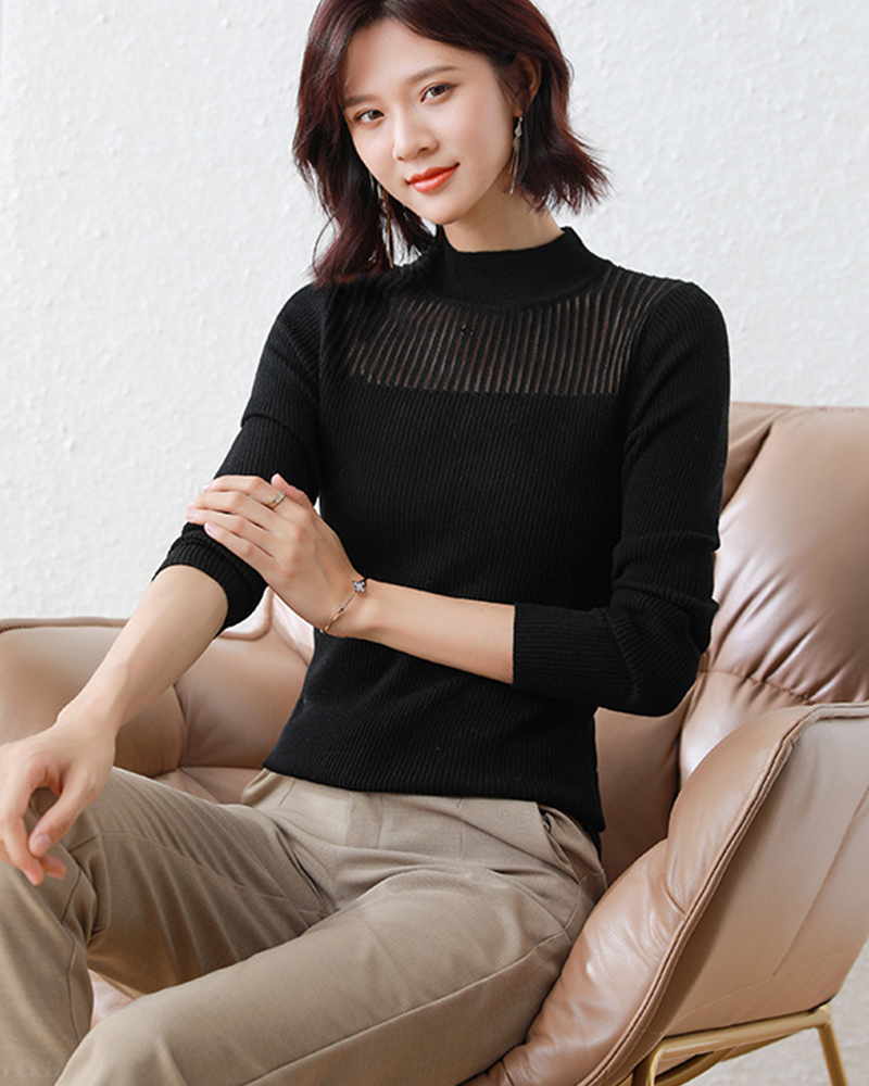 DEER.W 半高領網紗拼接針織上衣 黑色