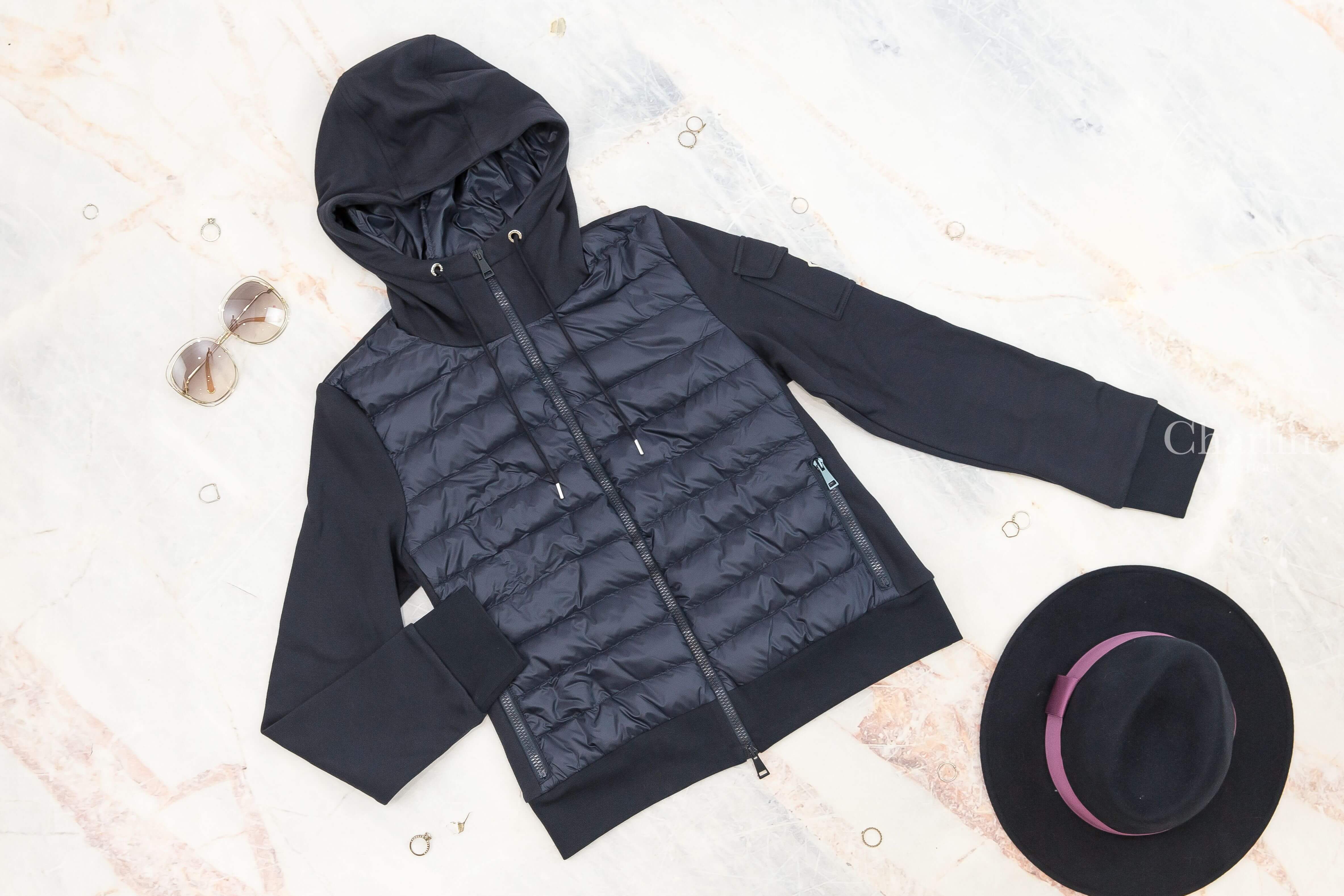 Moncler Maglia Cardigan 深藍色拼接棉質連帽拉鍊口袋輕羽絨外套-Charline Boutique 精品代購