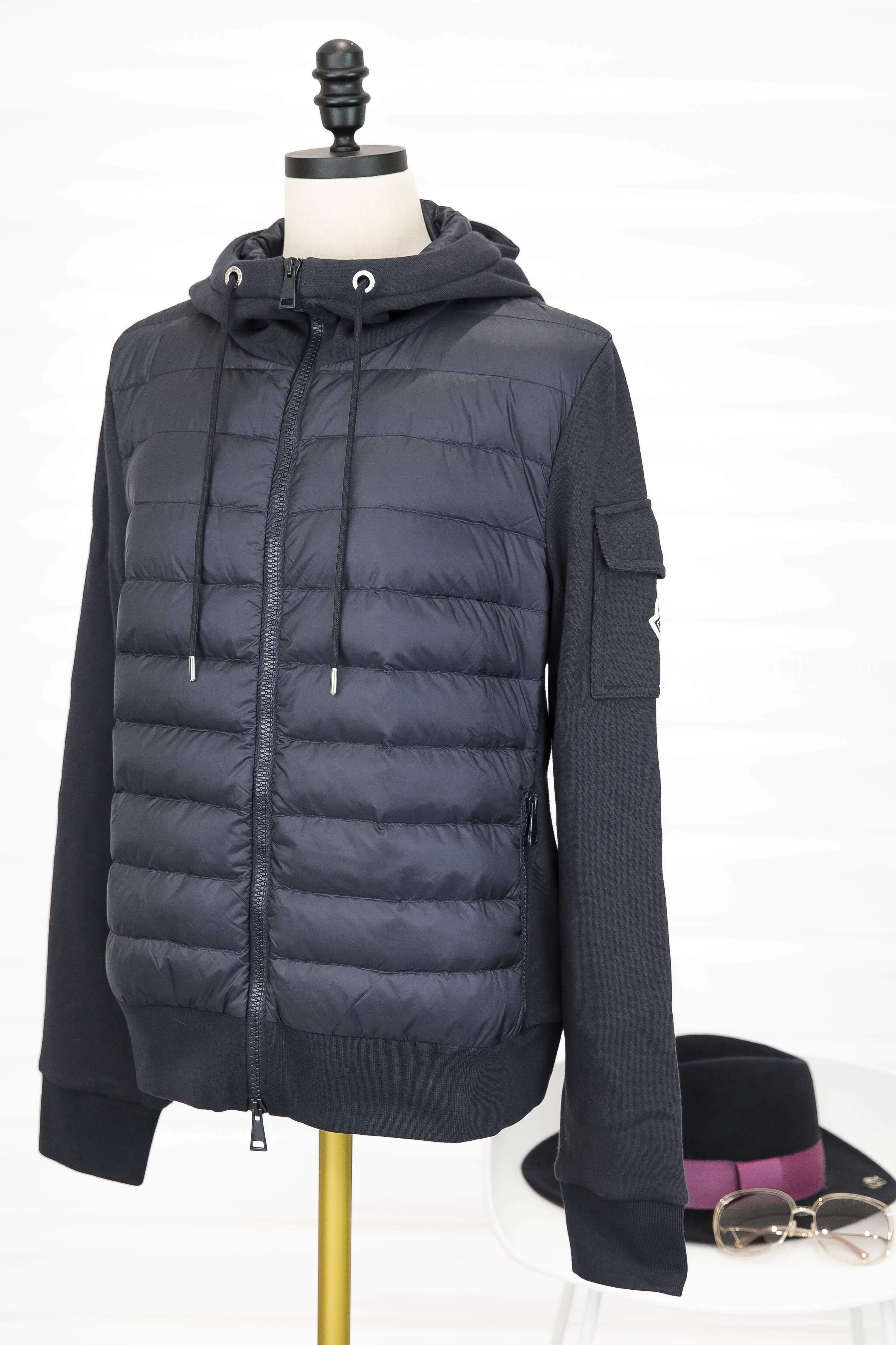 Moncler Maglia Cardigan 深藍色拼接棉質連帽拉鍊口袋輕羽絨外套-Charline Boutique 精品代購