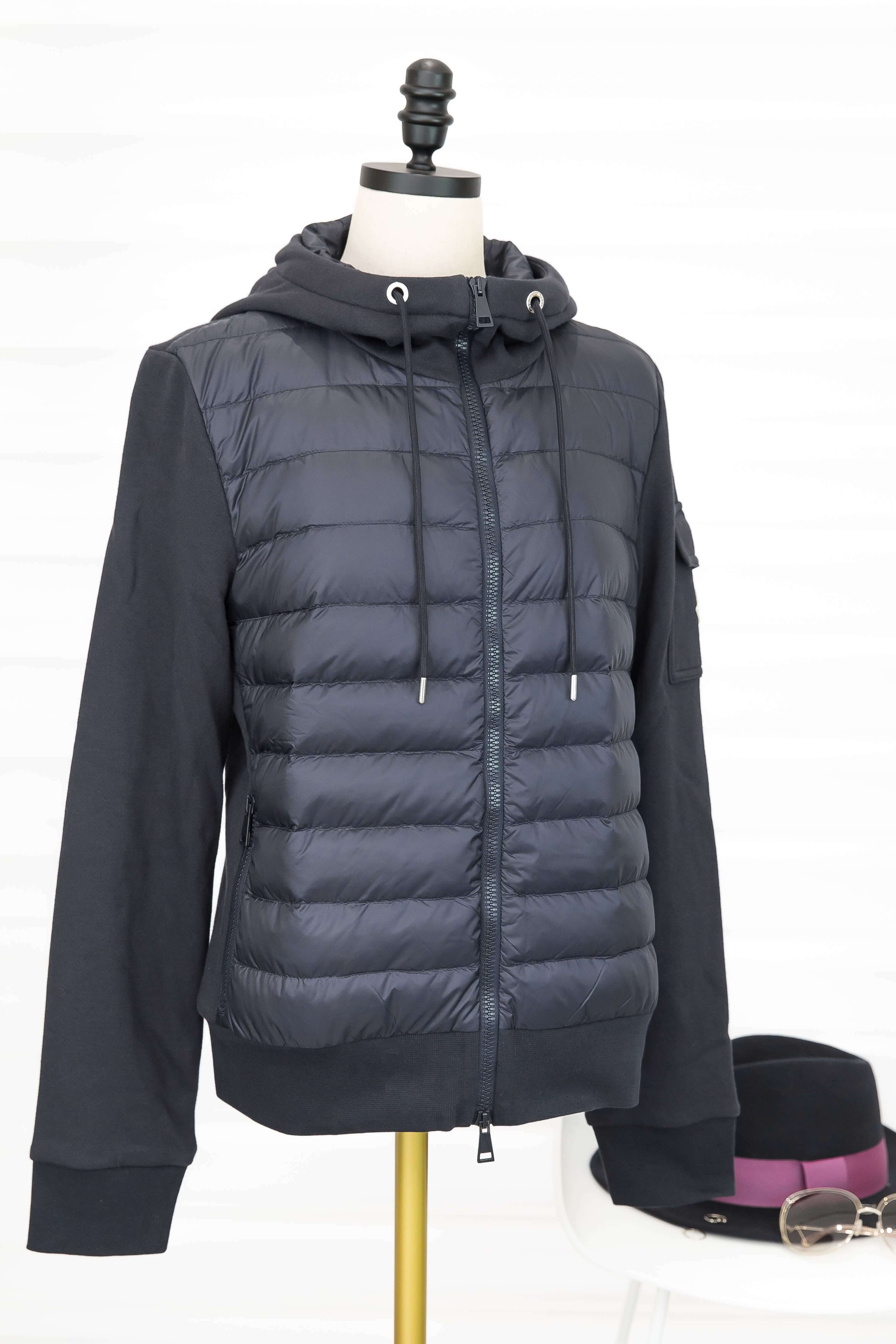 Moncler Maglia Cardigan 深藍色拼接棉質連帽拉鍊口袋輕羽絨外套-Charline Boutique 精品代購
