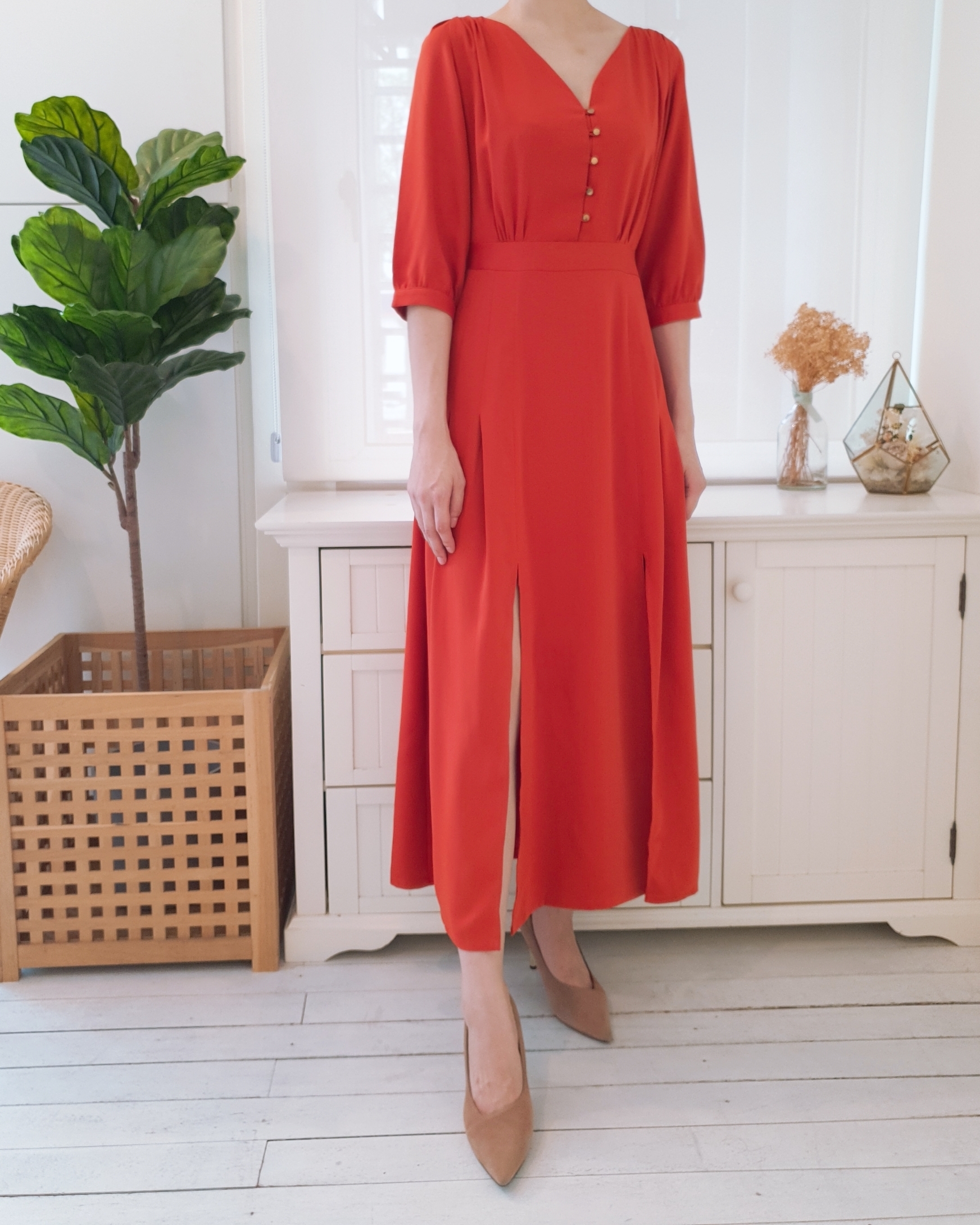 MID SLEEVE BUTTONED LONG DRESS
