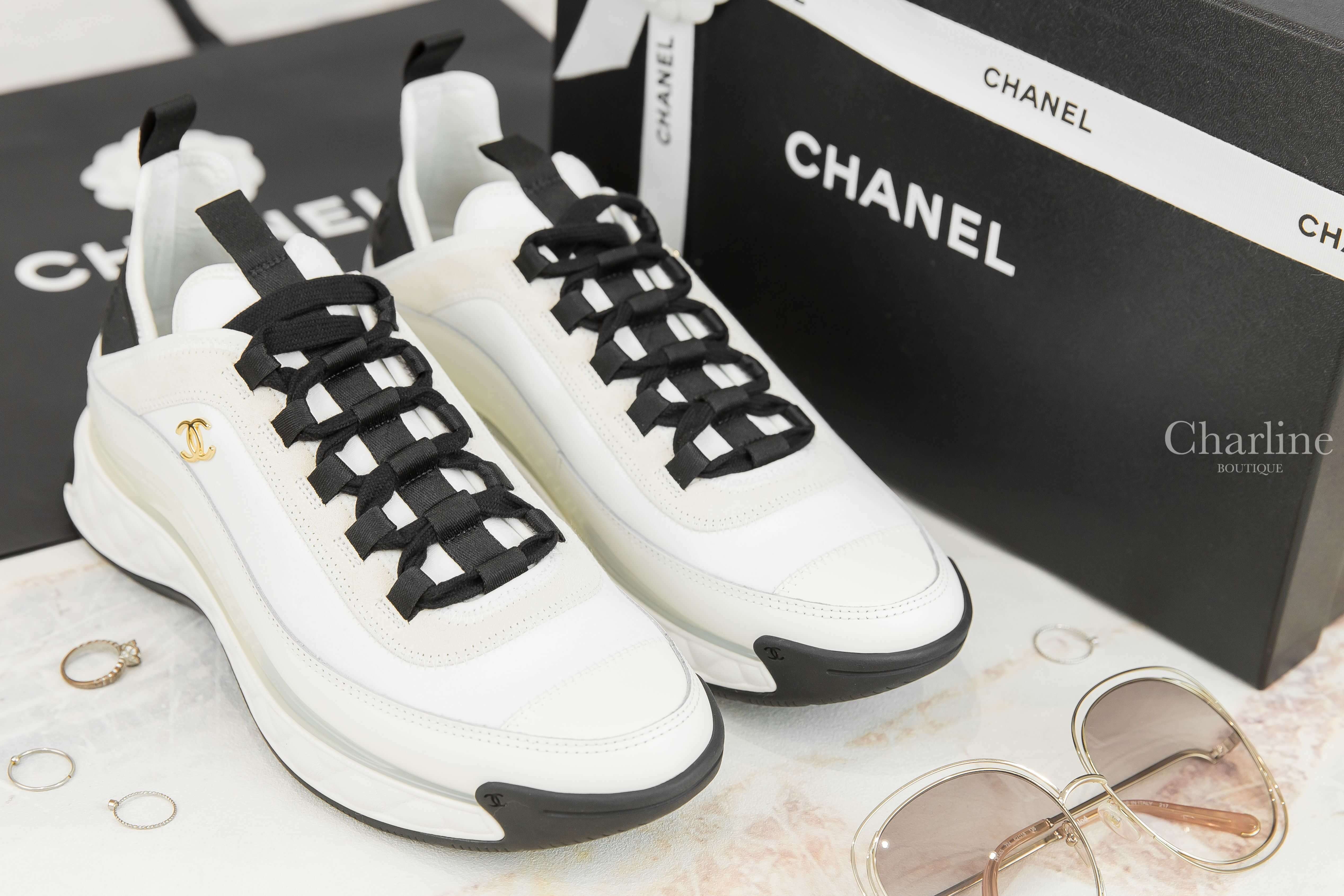 Chanel Trainers 象牙白金CC內增高絨布小牛皮運動鞋