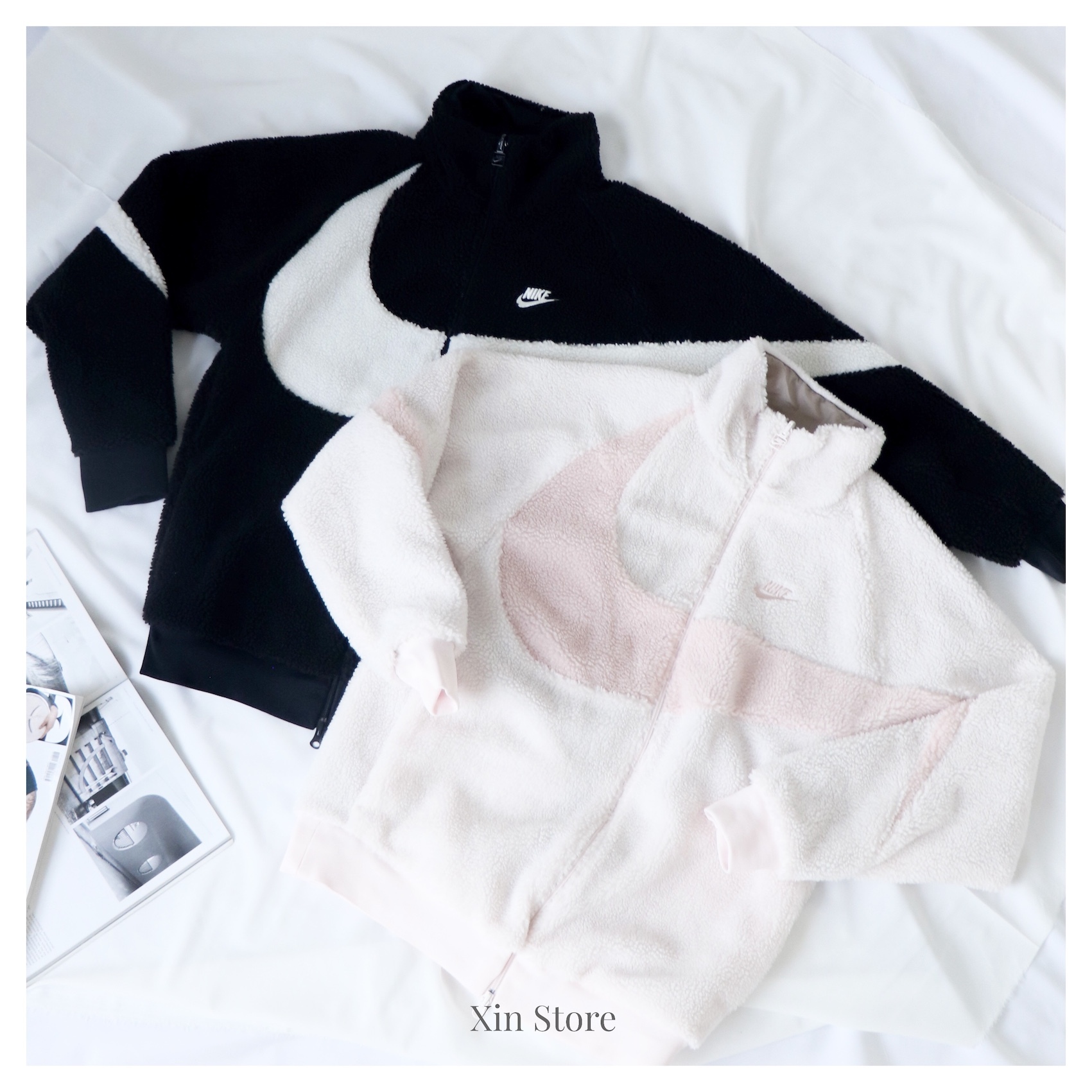 【現貨】Nike Nsw Swoosh Full Zip 毛毛外套 大勾 字勾 羔羊毛 雙面 黑 粉