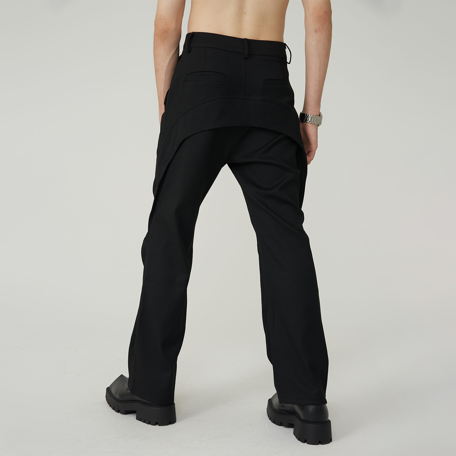 4TRA 2021FW 黑色立體彎刀直筒闊腿西裝褲