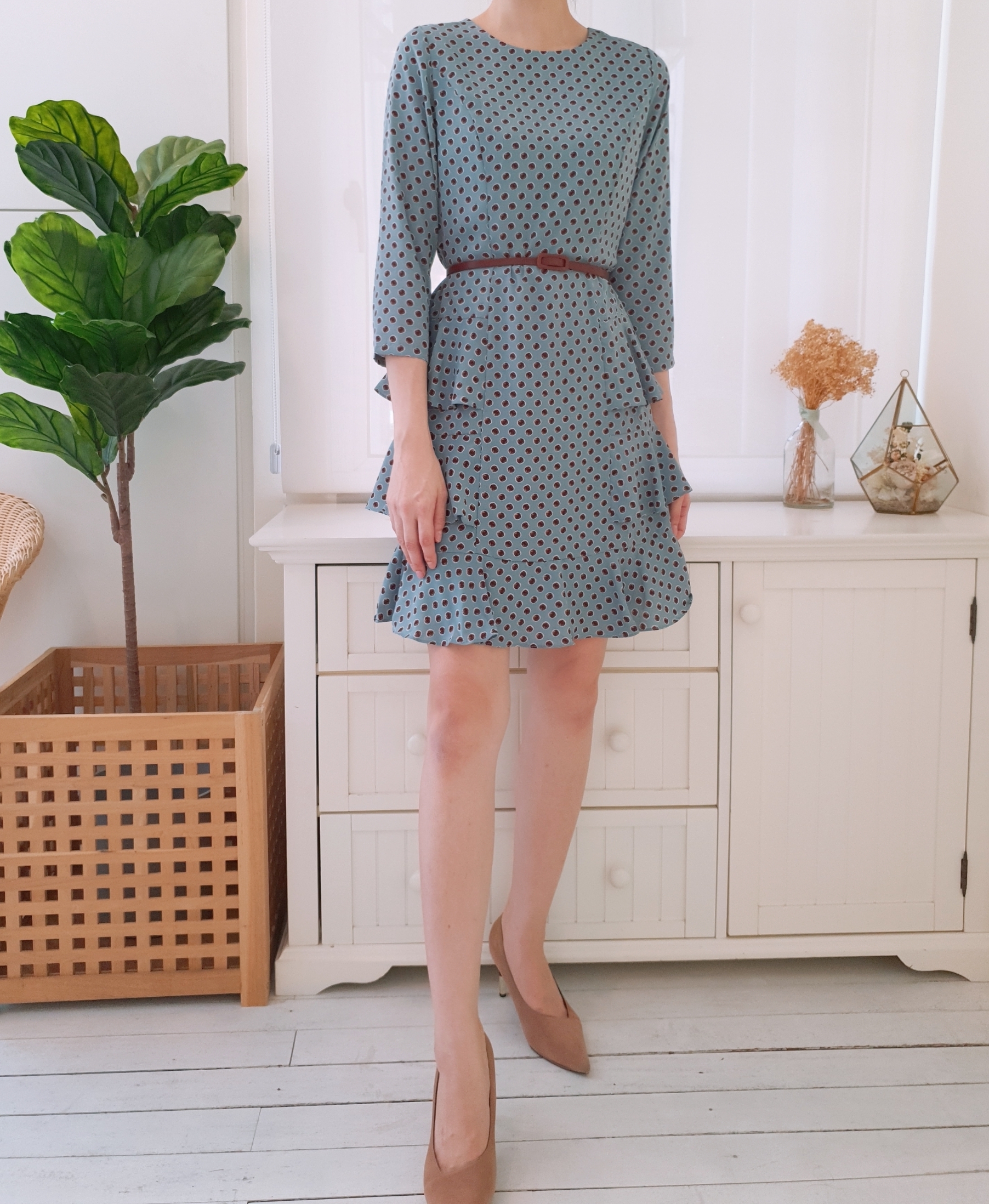 PRINTED M/SLEEVE RUFFLES TRIM DRESS