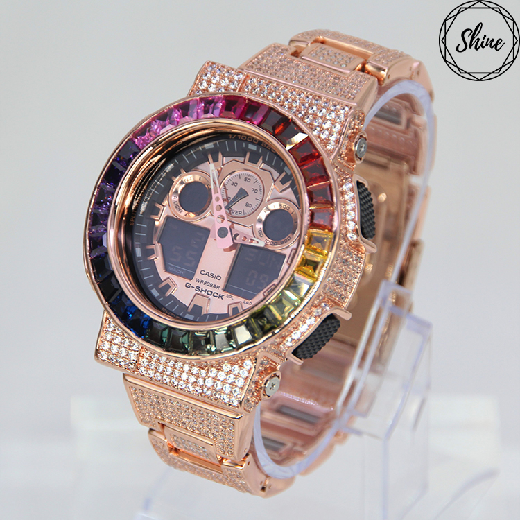 玫瑰金色 改裝手錶 GA-100MMC-1A (閃石錶帶) - 彩虹