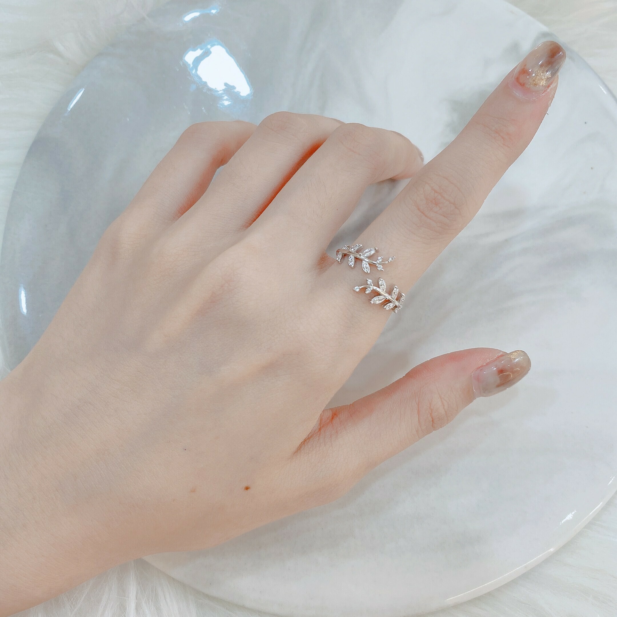 滿月．滿鑽月桂葉純銀調整戒