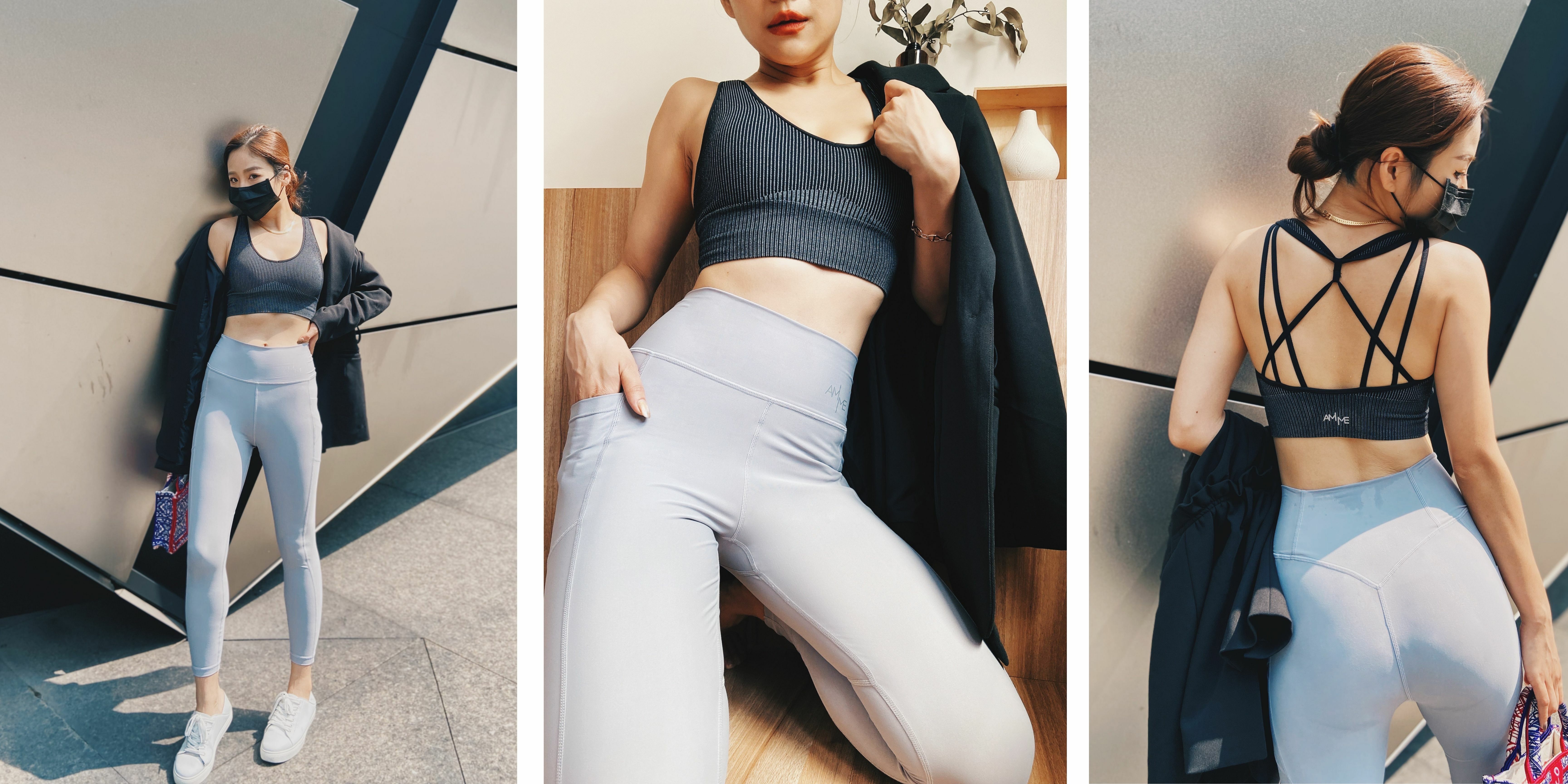 女孩身穿黑色運動內衣搭配極致灰色的機能褲，展現出機能褲的特色