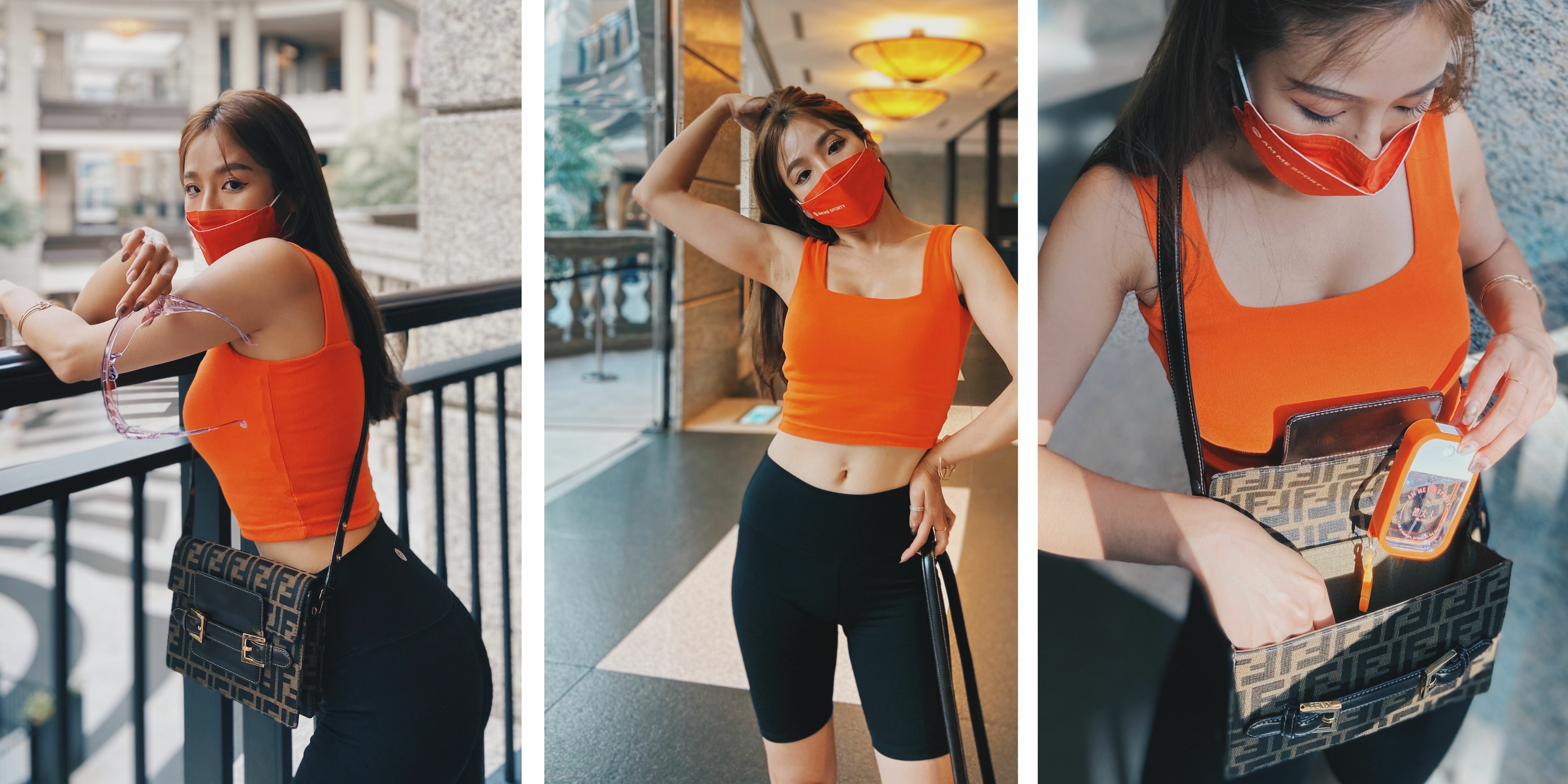 女孩內著橘色的無袖Bratop，搭配黑色的五分機能褲，呈現出Brato的完美包覆性