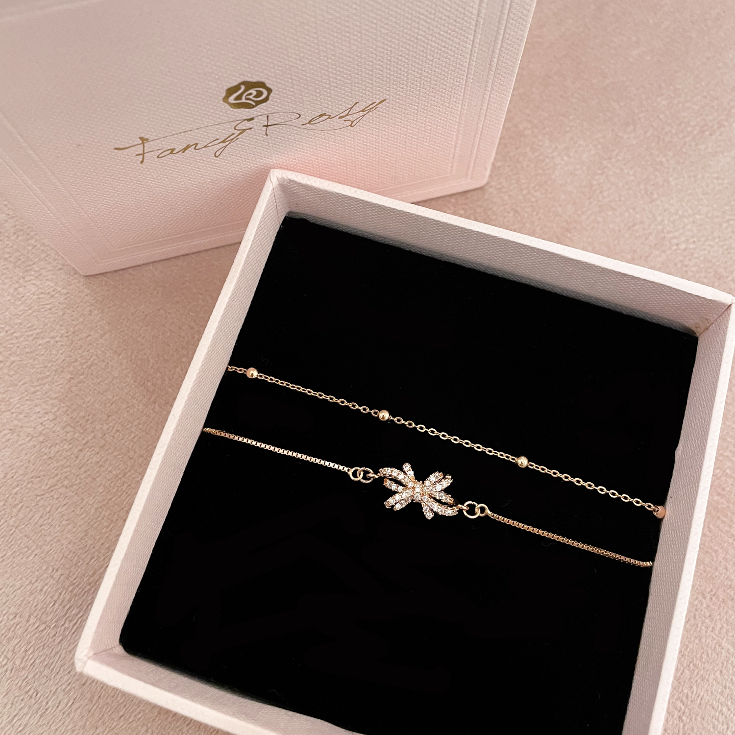 Crystal Bow Bow Double Layers Bracelet (Rose Gold)