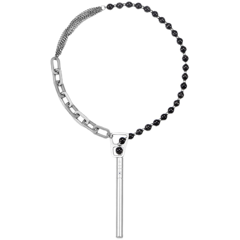 4TRA 21FW 消光串珠拼接黑曜石瓶蓋煙頭鈦鋼項鍊