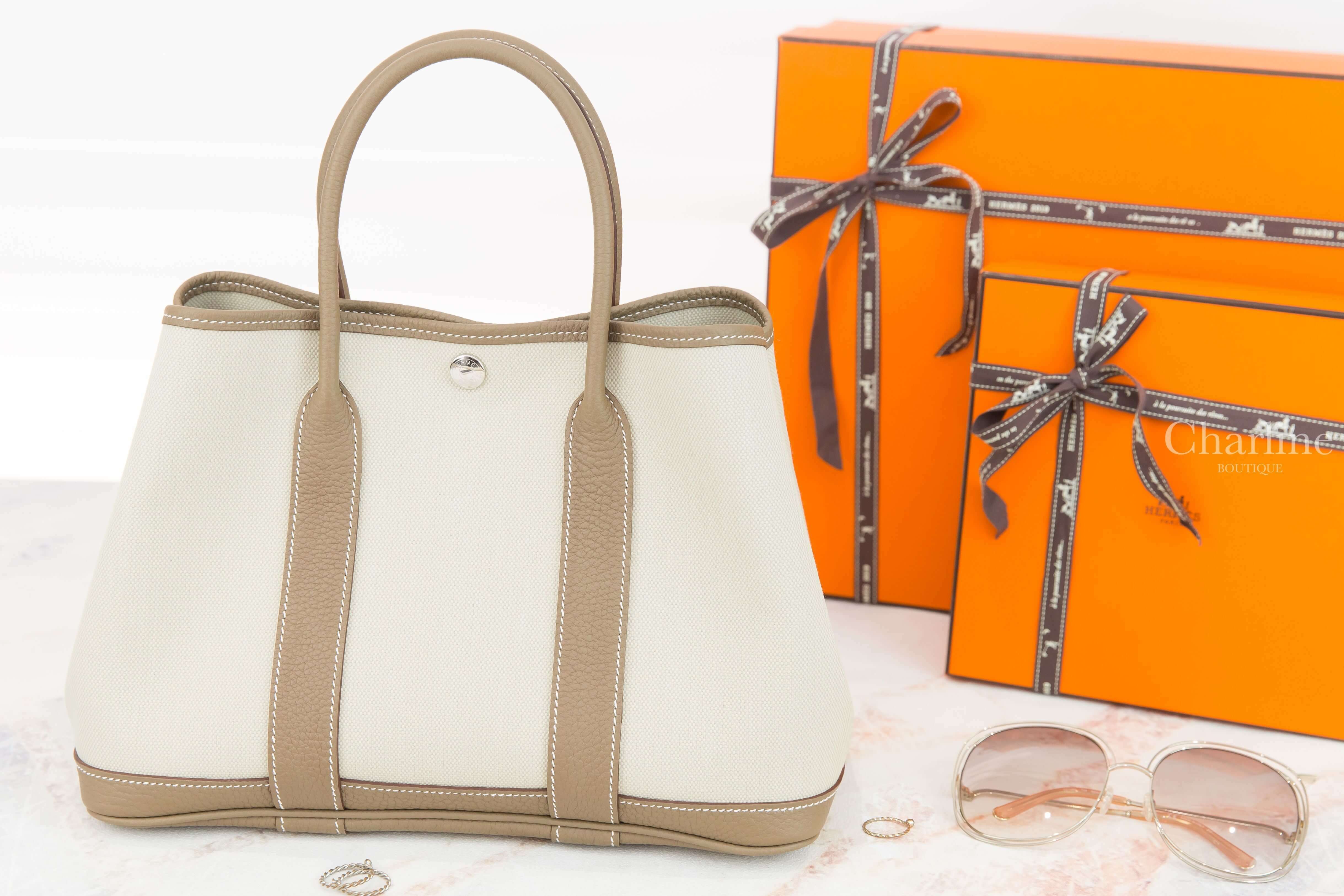 Hermès Garden Party 30cm Toile Militaire / Veau Negonda Z刻冰川灰帆布拼大象灰皮革肩背包-Charline Boutique 精品代購