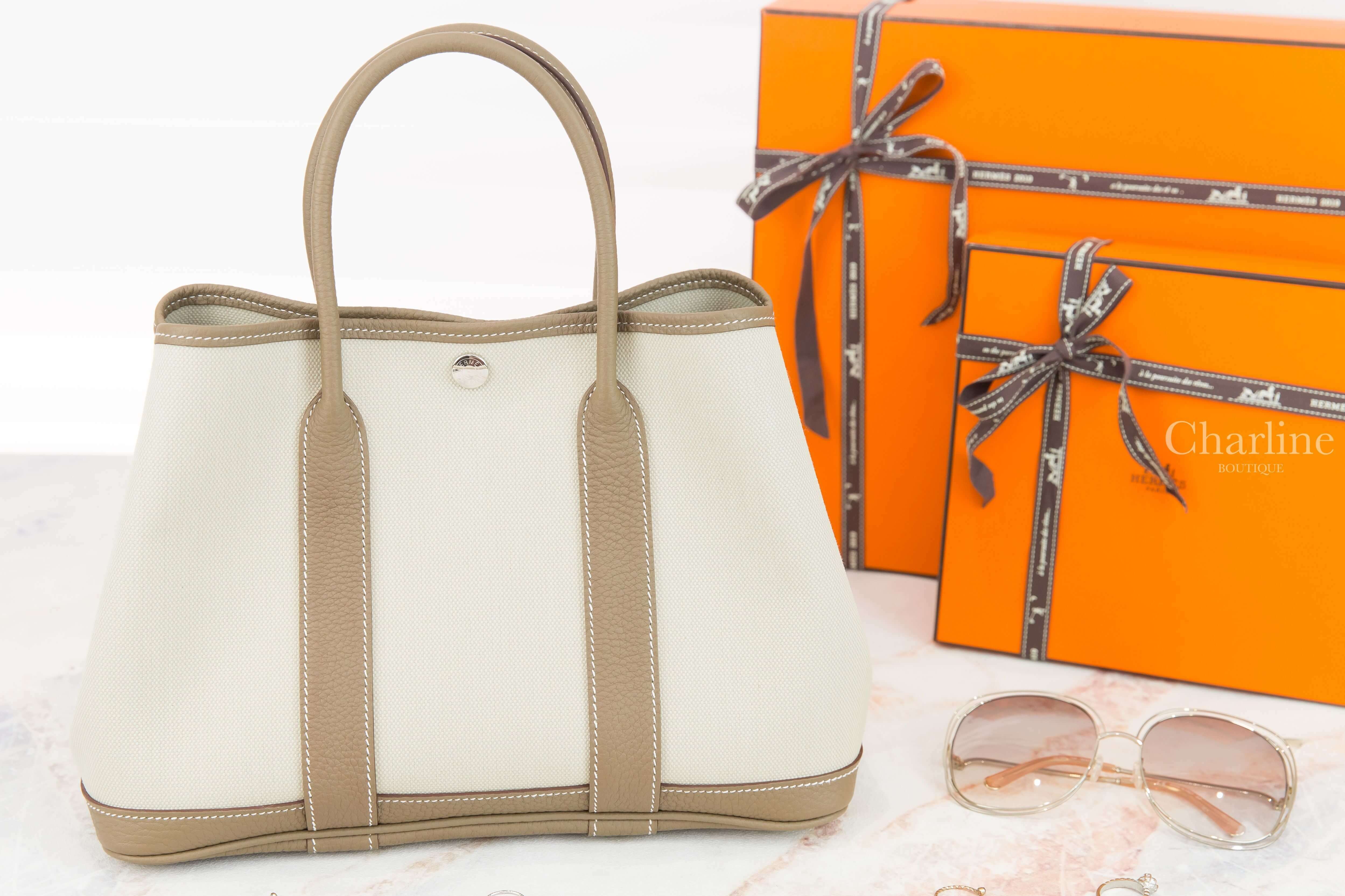 Hermès Garden Party 30cm Toile Militaire / Veau Negonda Z刻冰川灰帆布拼大象灰皮革肩背包-Charline Boutique 精品代購