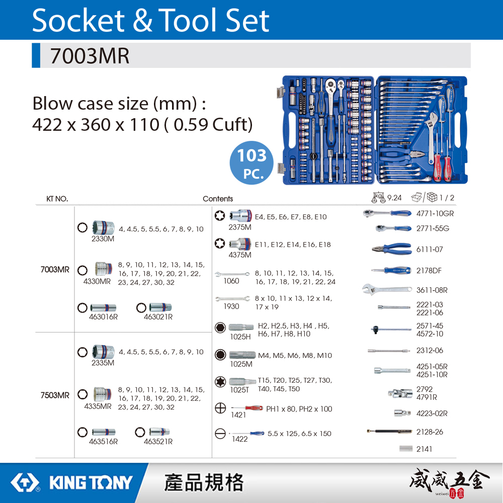 KING TONY 金統立｜2分+4分 綜合套筒組 梅開板手組 103件式 1/4"+1/2"｜7003MR｜台灣製｜公司貨