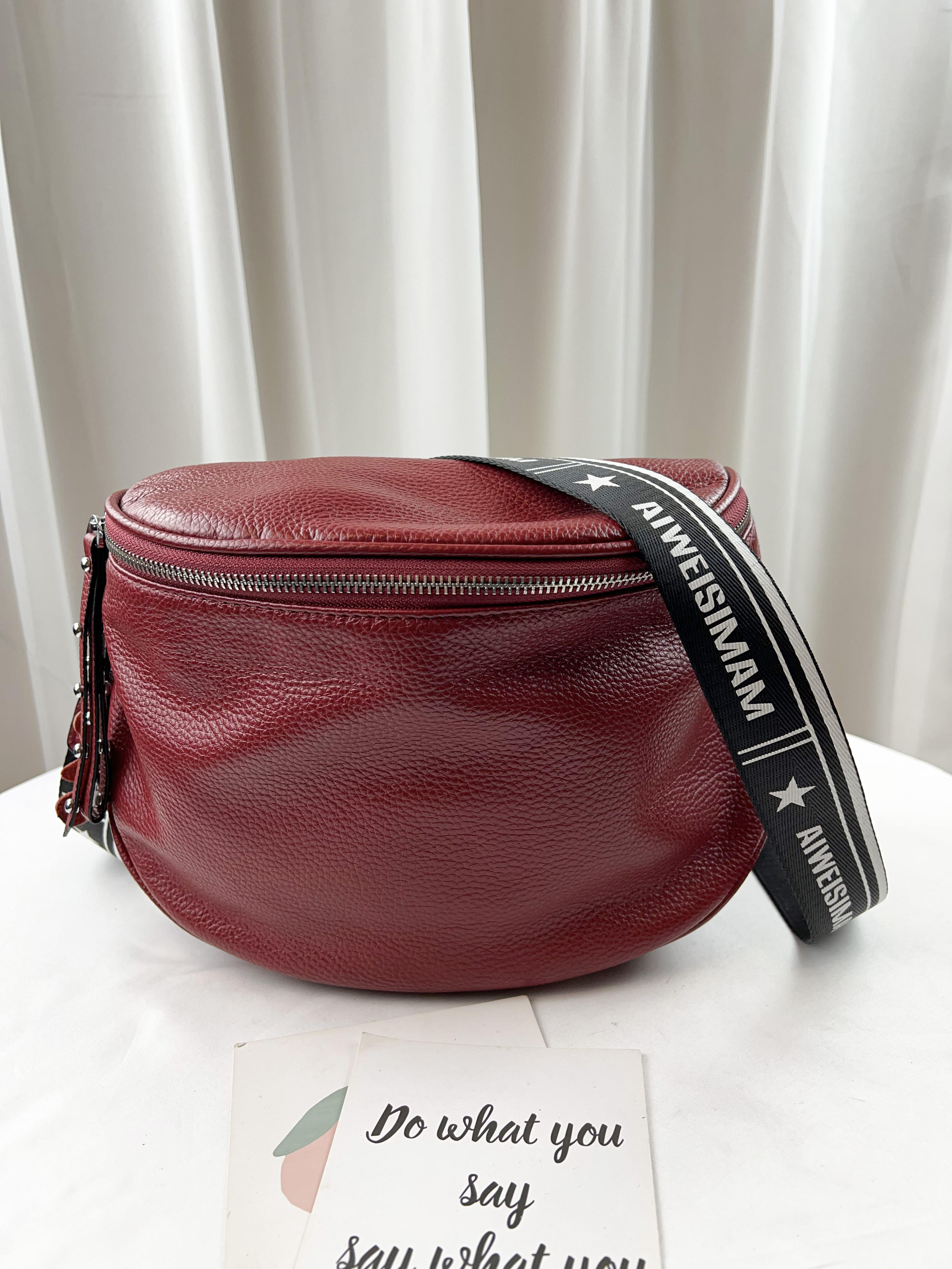 莓果紅 真皮牛皮織帶側背腰包 #SM-77223