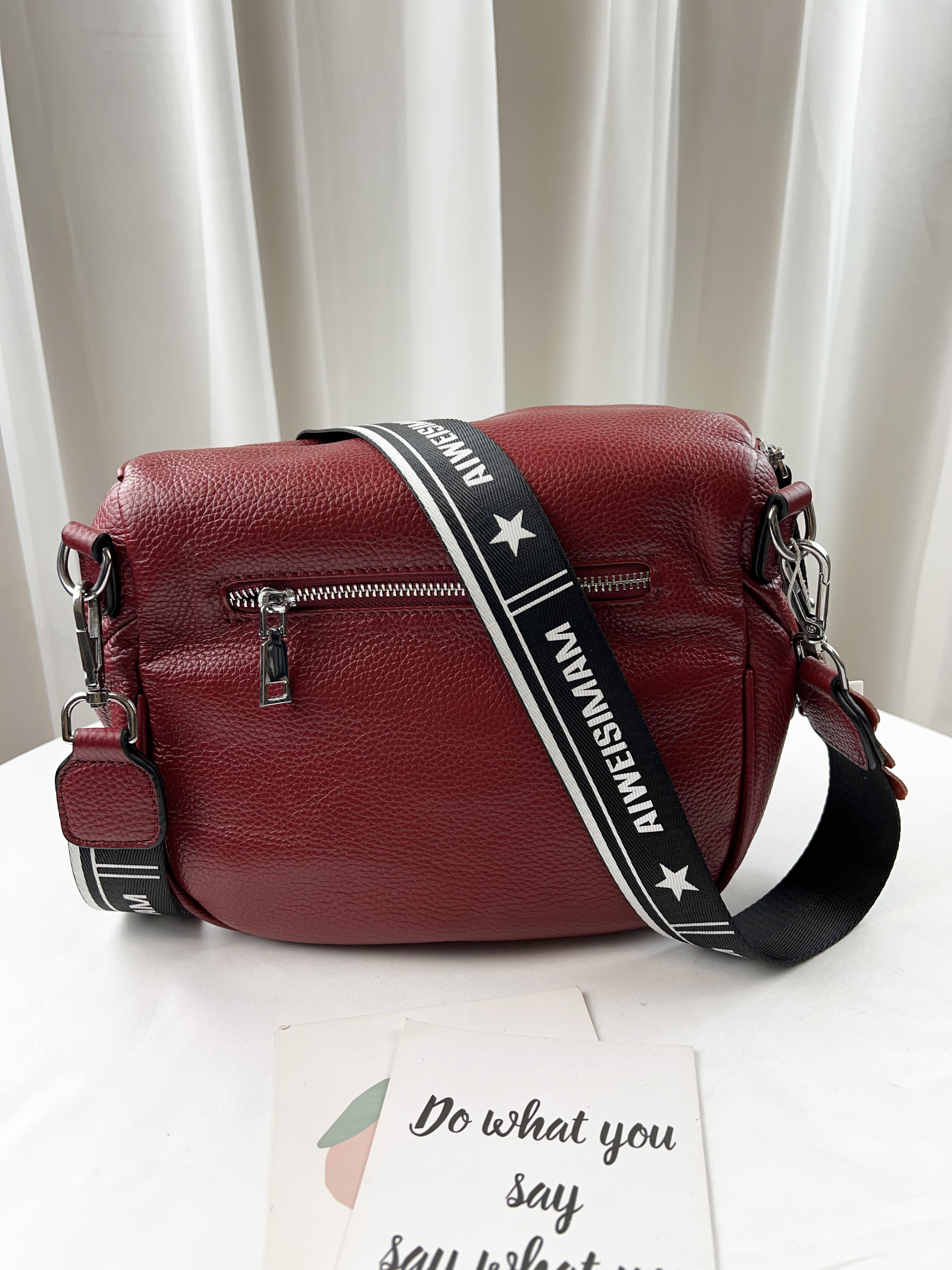 莓果紅 真皮牛皮織帶側背腰包 #SM-77223