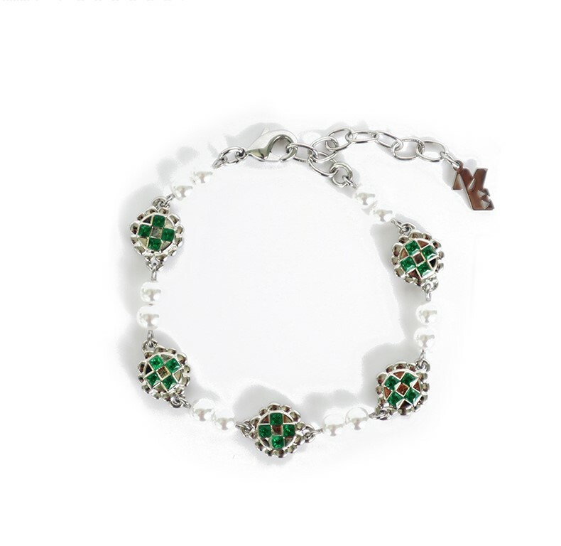 Maison Emerald 向日葵綠寶石十字棋盤格珍珠手鍊