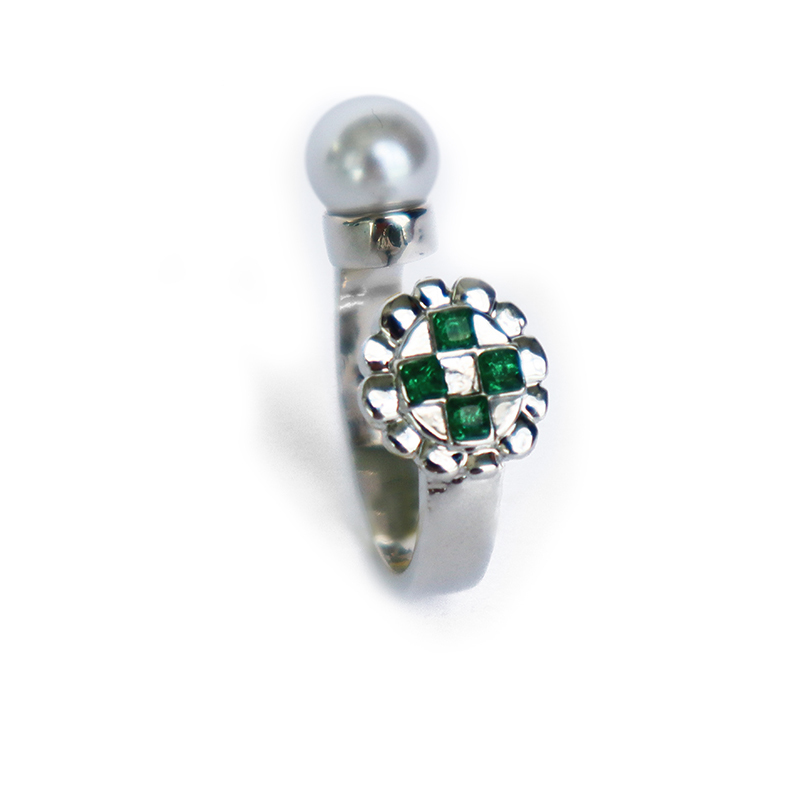 Maison Emerald 綠寶石十字棋盤格珍珠可調節戒指