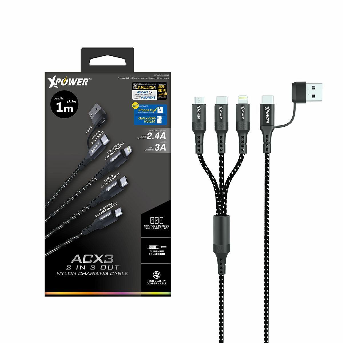 XPower ACX3 2 in 3 Out 高速充電編織線