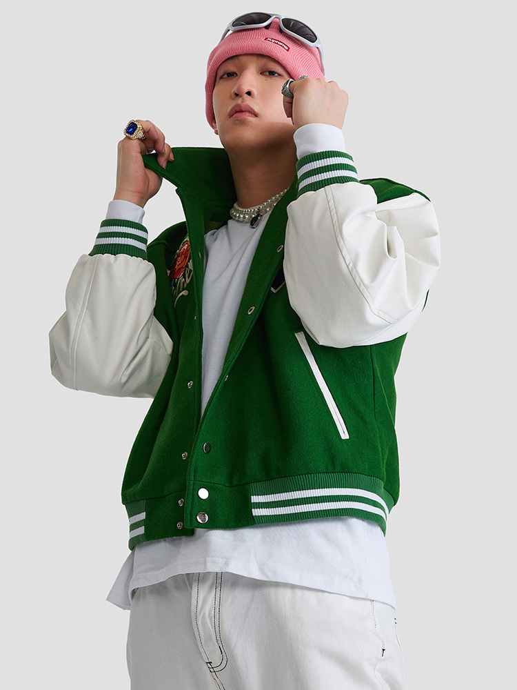 Maison Emerald 綠色玫瑰鯨魚護盾圖像拼接皮革翻領外套