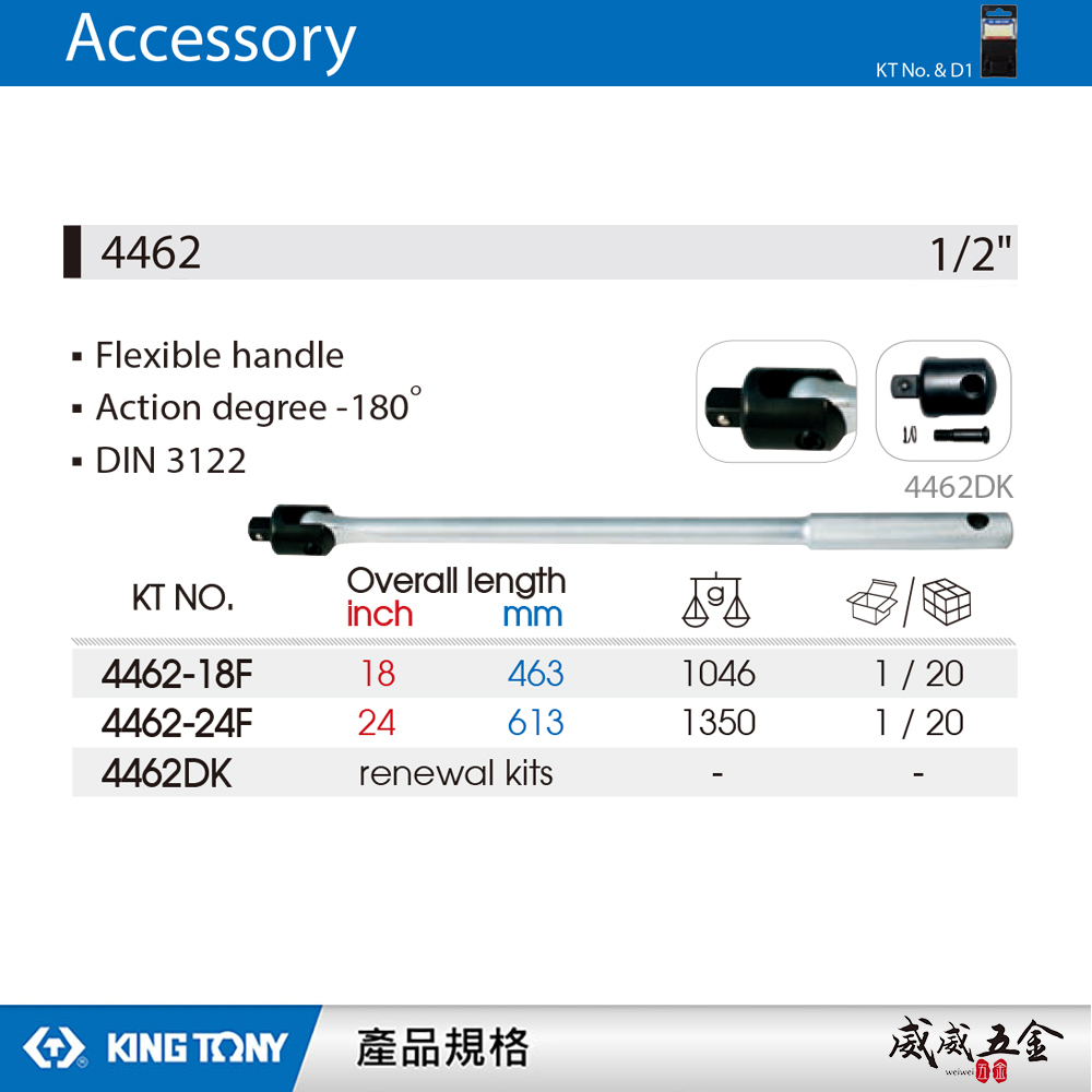 KING TONY 金統立｜四分180°強力扳桿 套筒板手 4分扳杆 1/2"板桿｜4462-18F 4462-24F｜台灣製｜公司貨