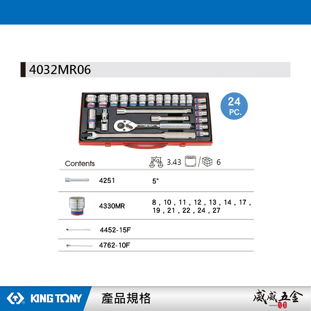 KING TONY 金統立｜8-27 四分套筒組 24件式 1/2" 4分 十二角套筒扳手｜4032MR06