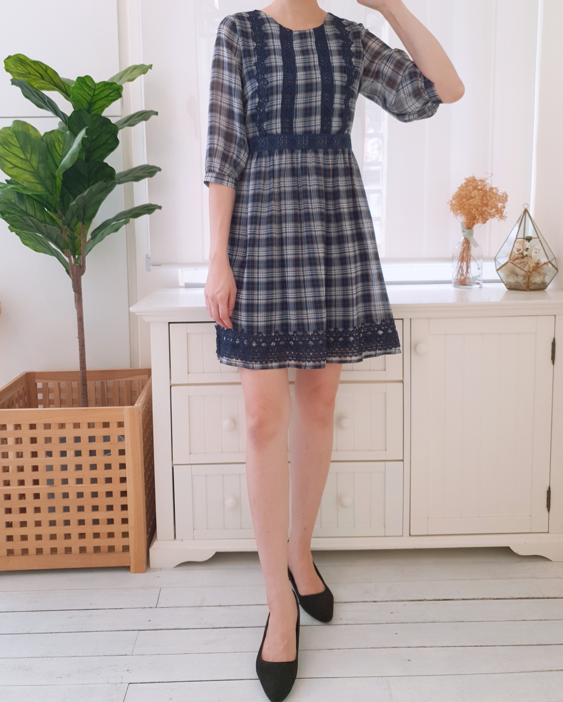 M/SLEEVE PLAID CHIFFON SHIFT DRESS