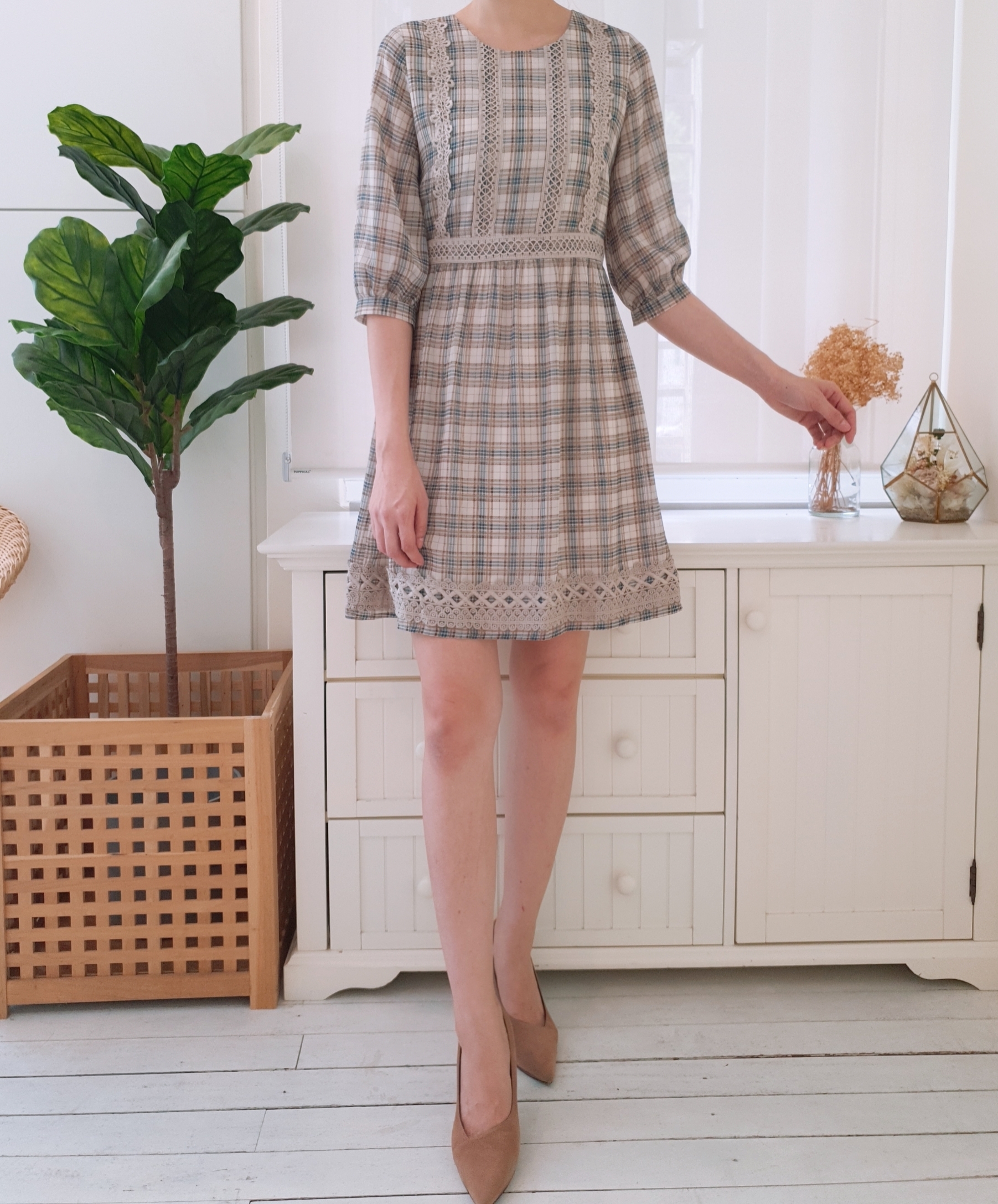 M/SLEEVE PLAID CHIFFON SHIFT DRESS