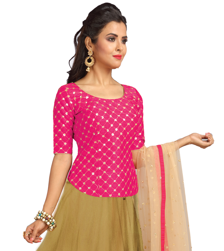 Women Pink Polyester With Lining Embroidery Short Kurti Top Q1010