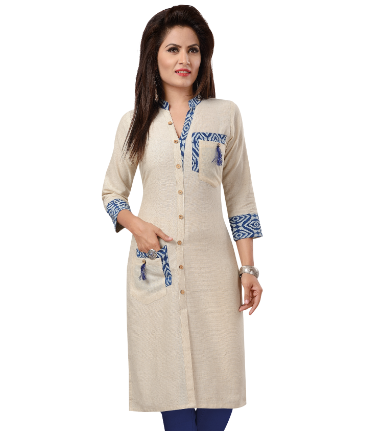 Women white Linen Long Kurti Top Q1024