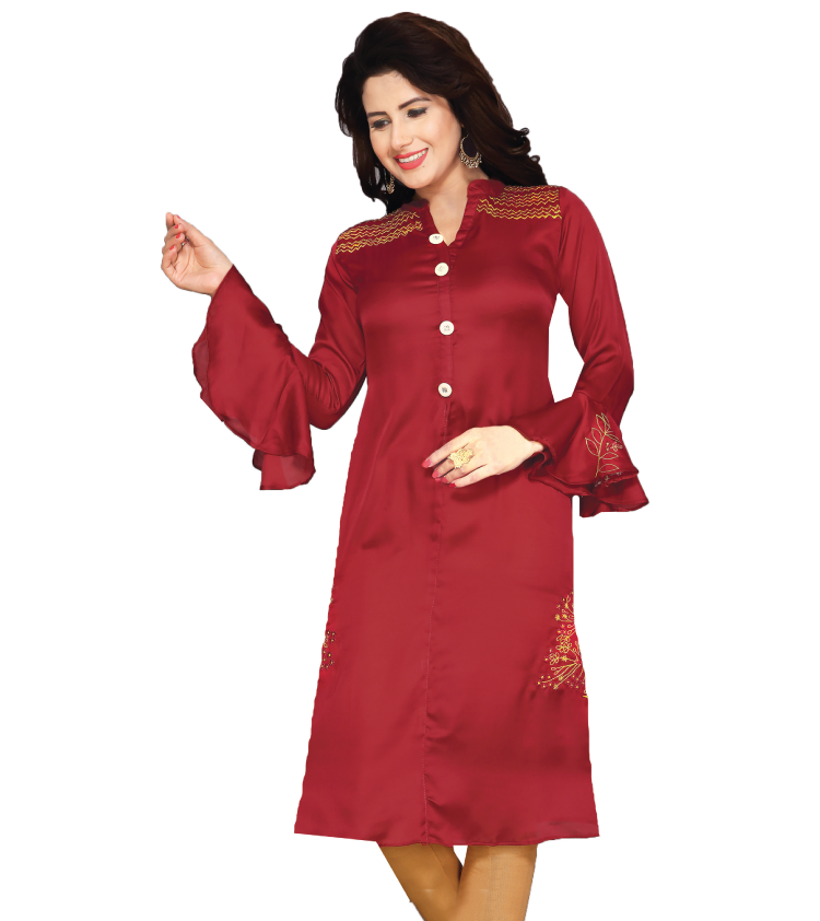 Women Red Soft Cool Polyester Cotton Long Kurti Top Ruffle Sleeves Q1048