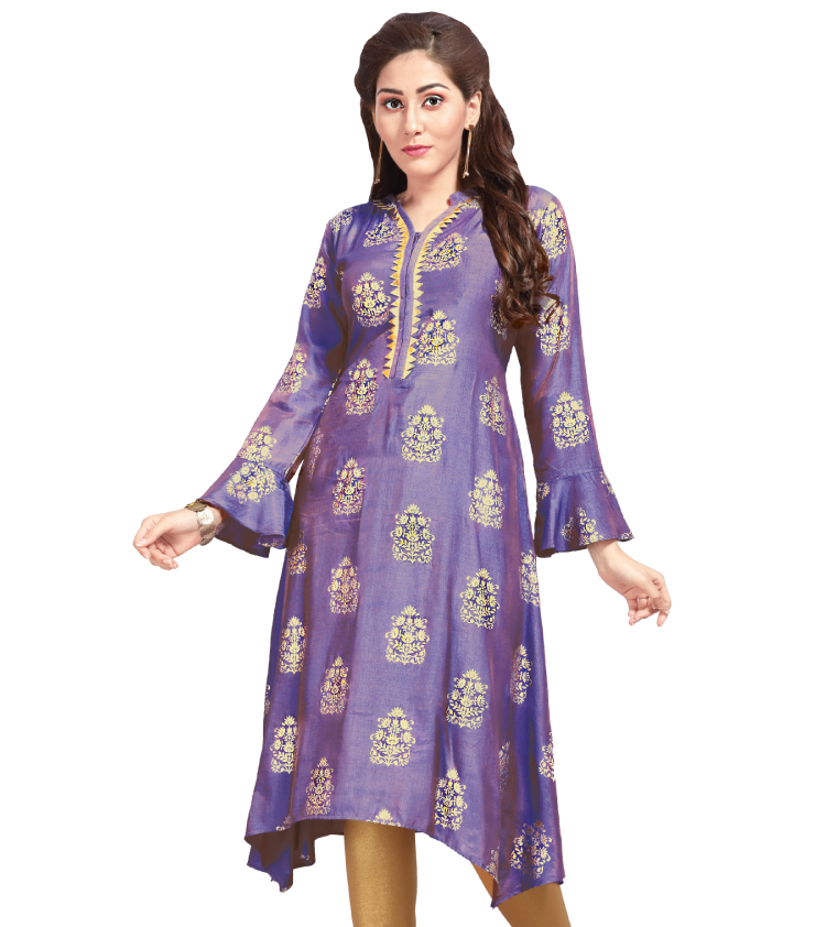 Women Purple Cool Silk feel Ruffle Sleeves Long kurti Top Q1049