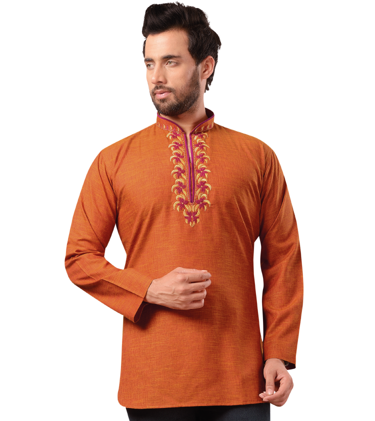 Men Orange Cool Linen Long Kurta Top Shirt Q1064