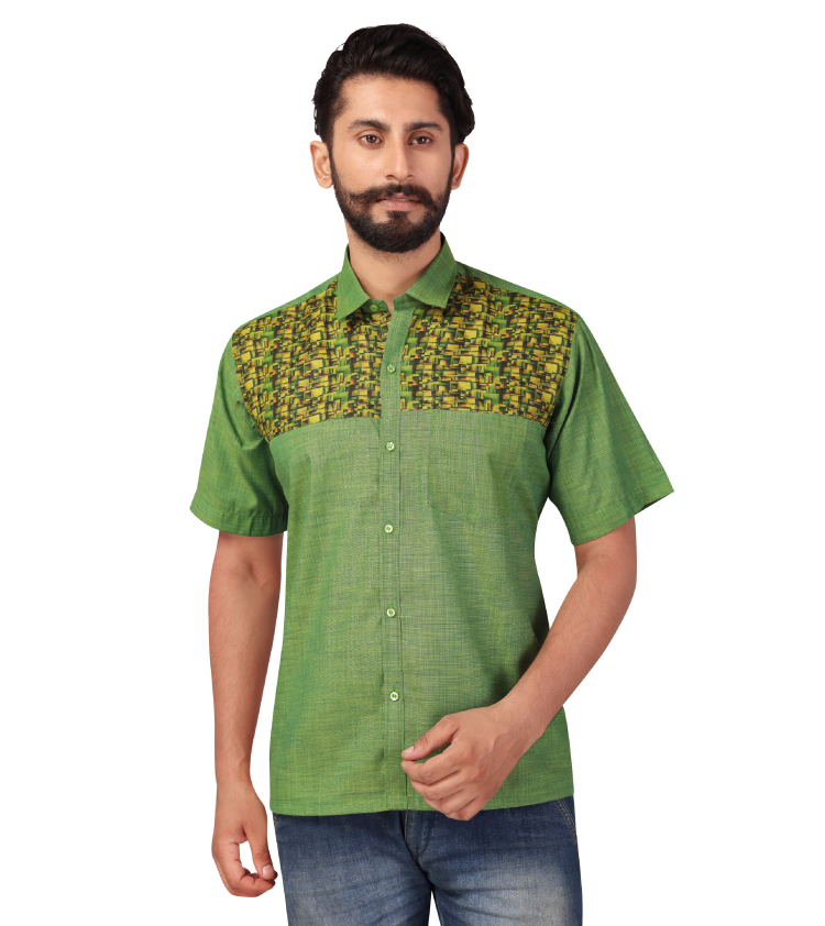 Men Green Cool Cotton Chest Pocket Short Sleeves Kurta Shirt Q1066