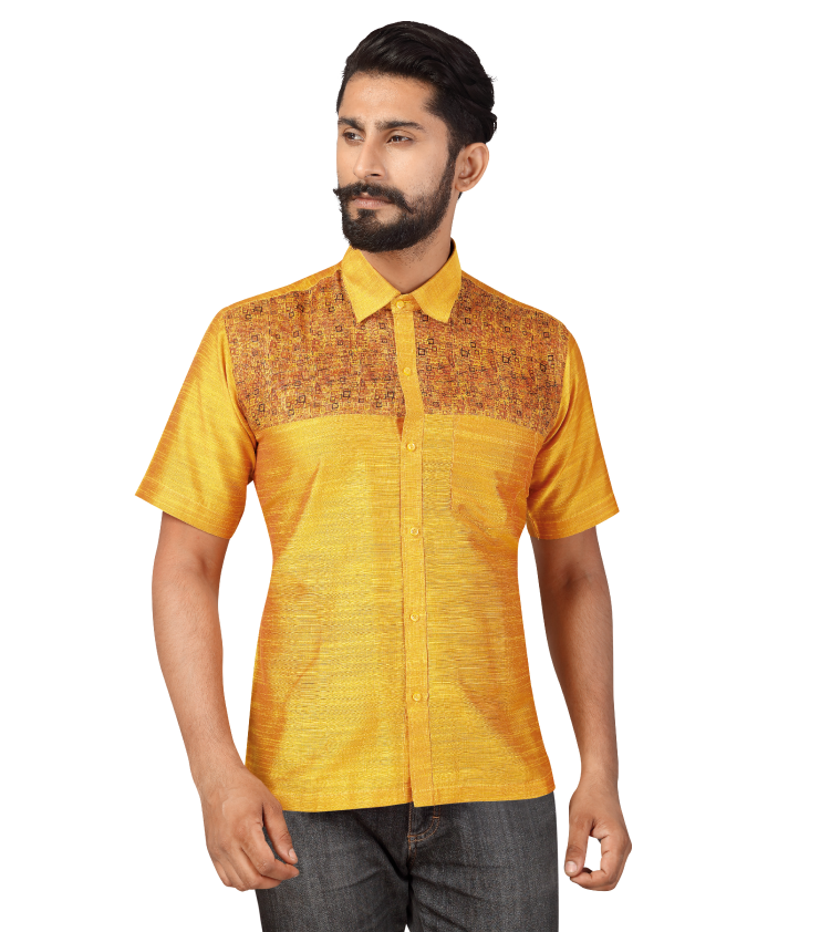 Men Yellow Cotton Silk With Chest Pocket Kurta Shirt Q1068