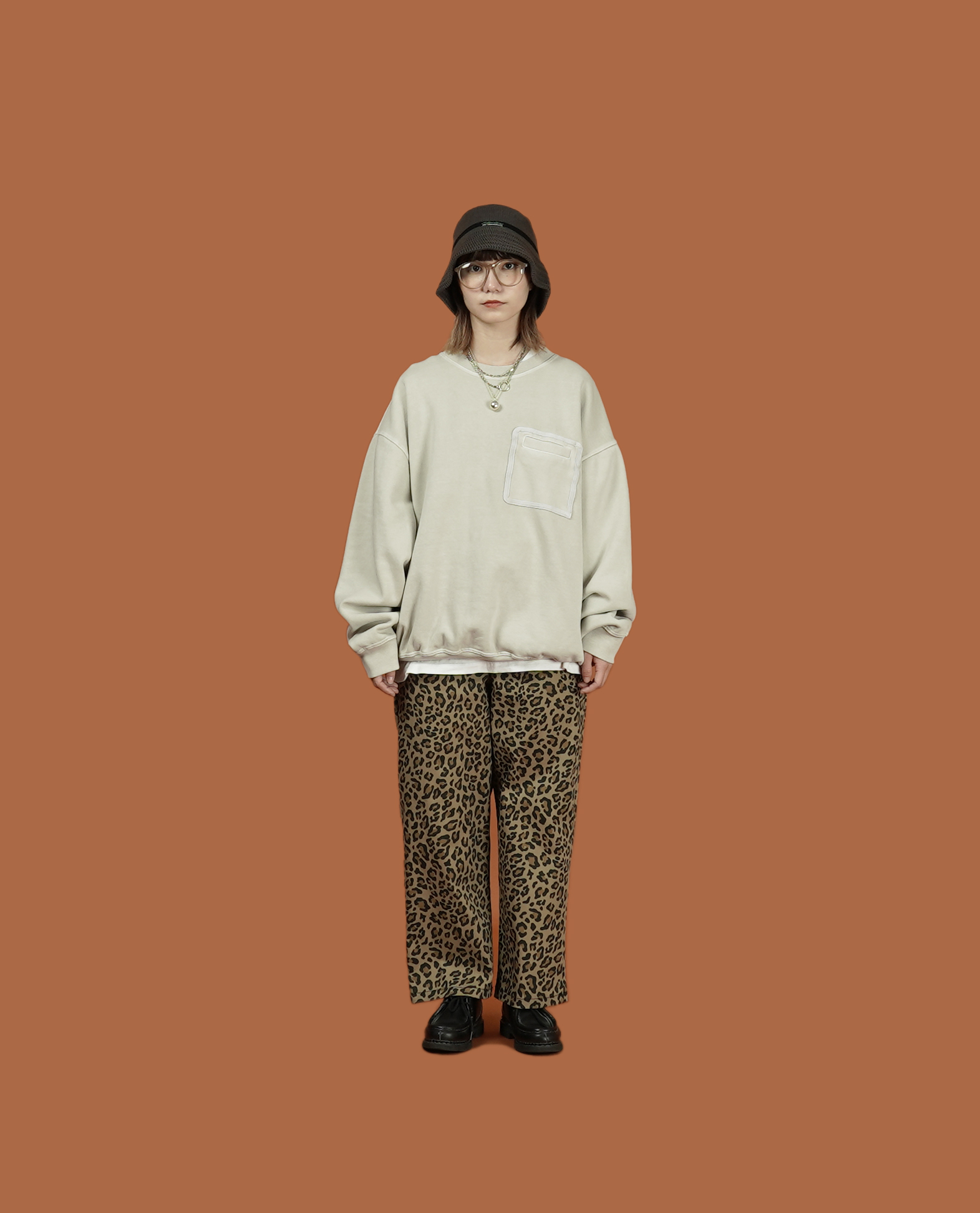 O.POism 歐波医生豹紋後鬆緊高腰直筒褲