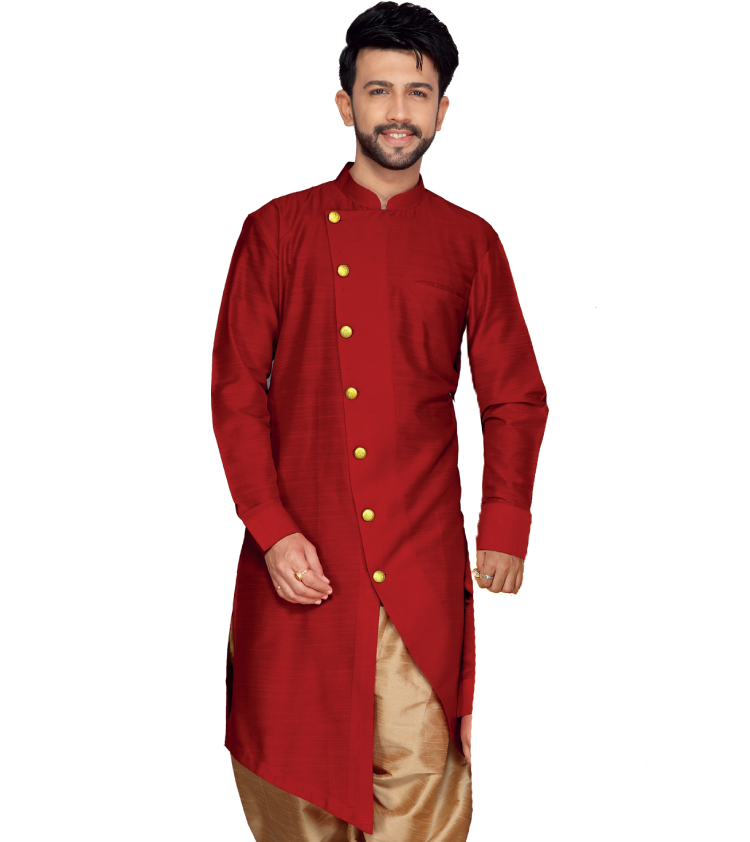Men Red Raw Silk Look With Cotton Lining Side Button Long Sleeves Kurt Top Jippa Q1097