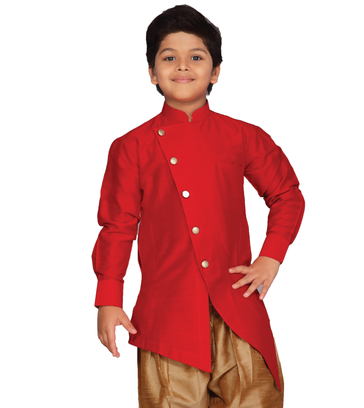Boy Red Soft linen With Side Button Long Sleeves Kurta Top Jippa Q1099