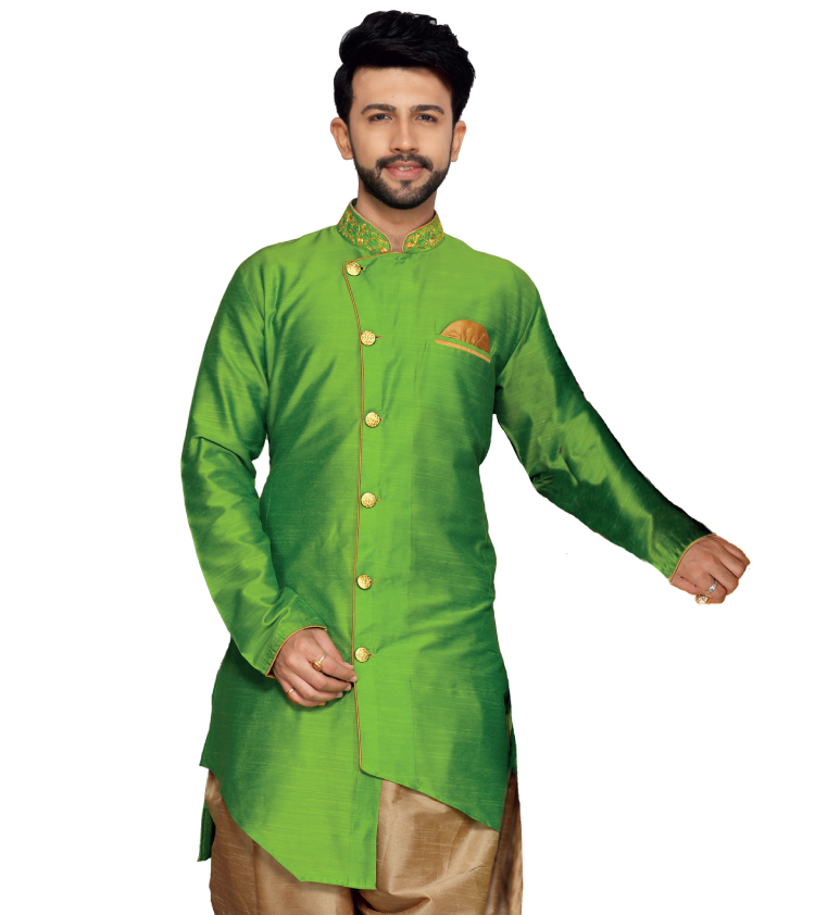 Men Green Shining Soft Silk Look With Lining Long Sleeves With Side Button Kurta Top Jippa Q1103