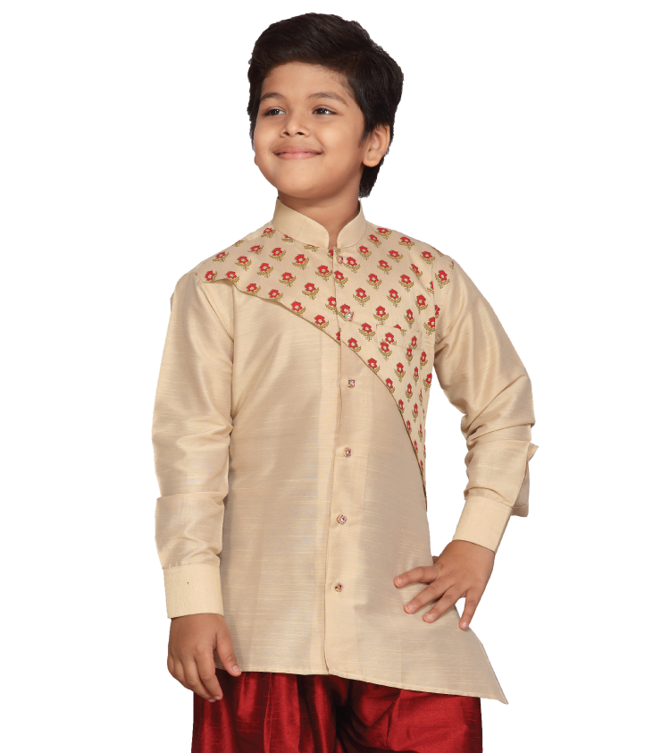 Boy Beige Cotton silk Long sleeve Kurta Top Jippa Q1107