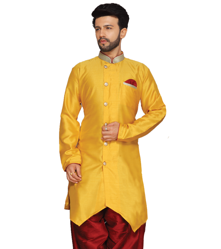 Men yellow Raw Silk look With Cotton Lining Side Button Long Sleeves kurta Top jippa Q1114