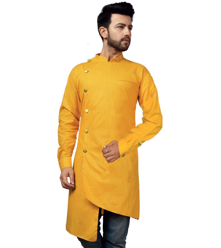 Men yellow Raw Silk look With Cotton Lining Side Button Long Sleeves kurta Top jippa Q1126