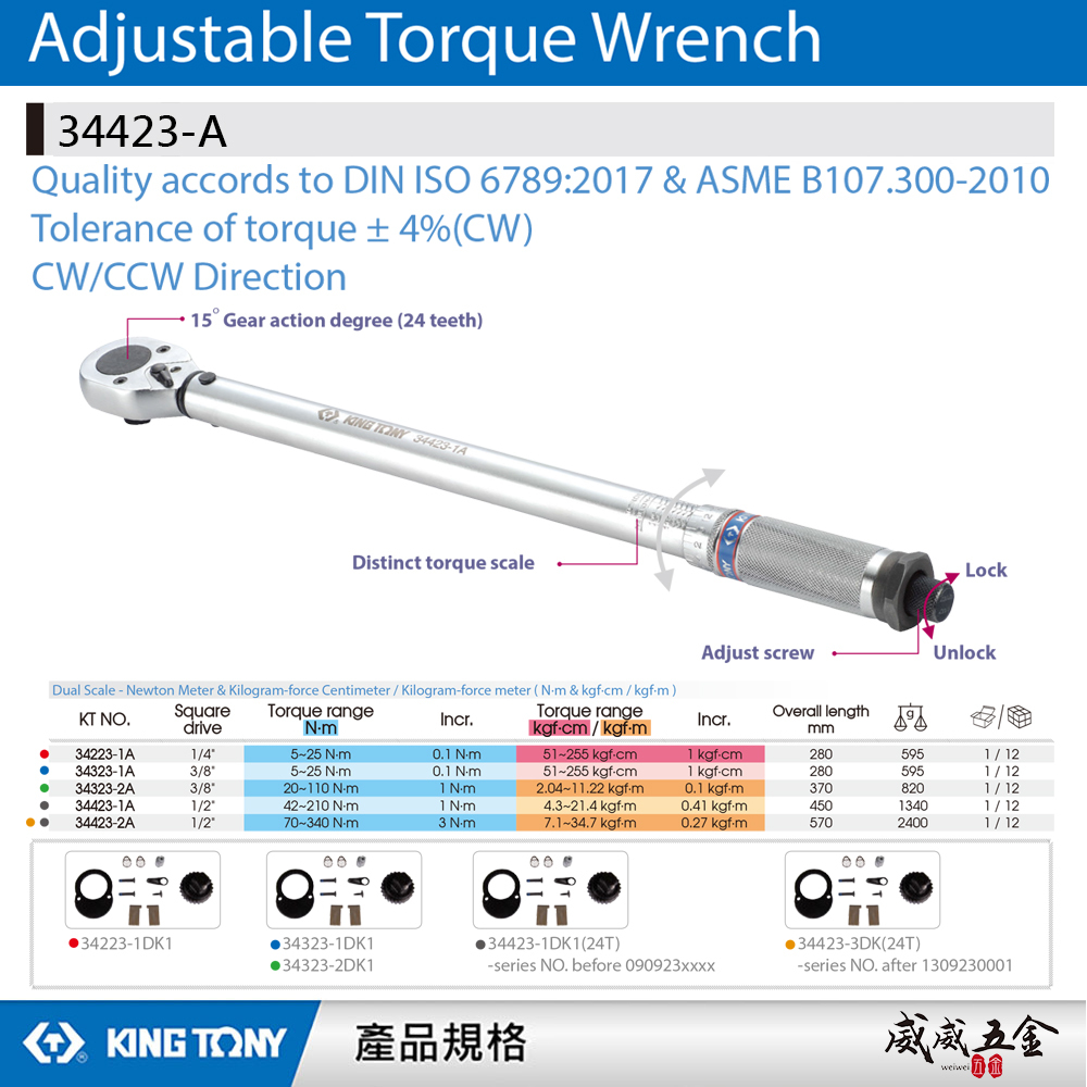 KING TONY 金統立｜1/4" 3/8" 1/2"｜雙刻度24齒扭力扳手 正逆扭力板手｜34423-A