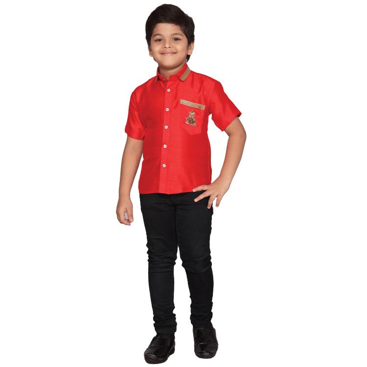Boy Red Woven Cotton Silk Short Sleeves With Chest Pocket Kurta Shirt Q1207