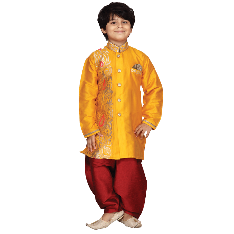 Boy Yellow Raw Silk Look Printed long Sleeves Kurta Top jippa Q1213
