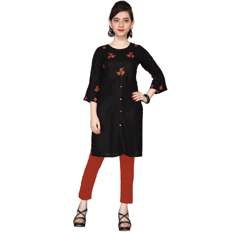 Girl Black Soft Cool Polyester Soft Cotton Long Sleeves Kurti Top Set With Pants Q1215