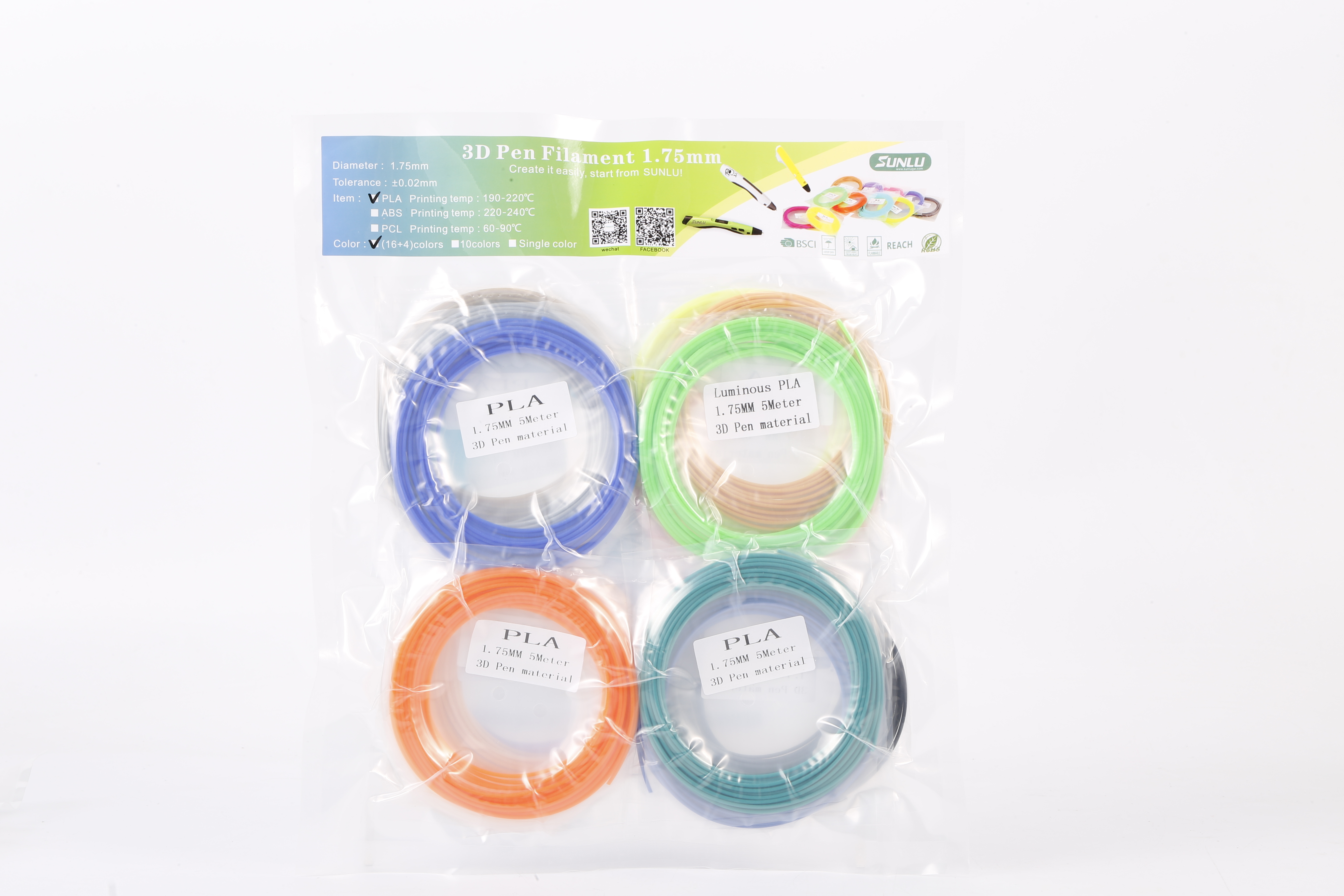 DTSL 3D打印筆 1.75mm PLA 膠條包 - 20 rolls 1 color each 5m long/roll