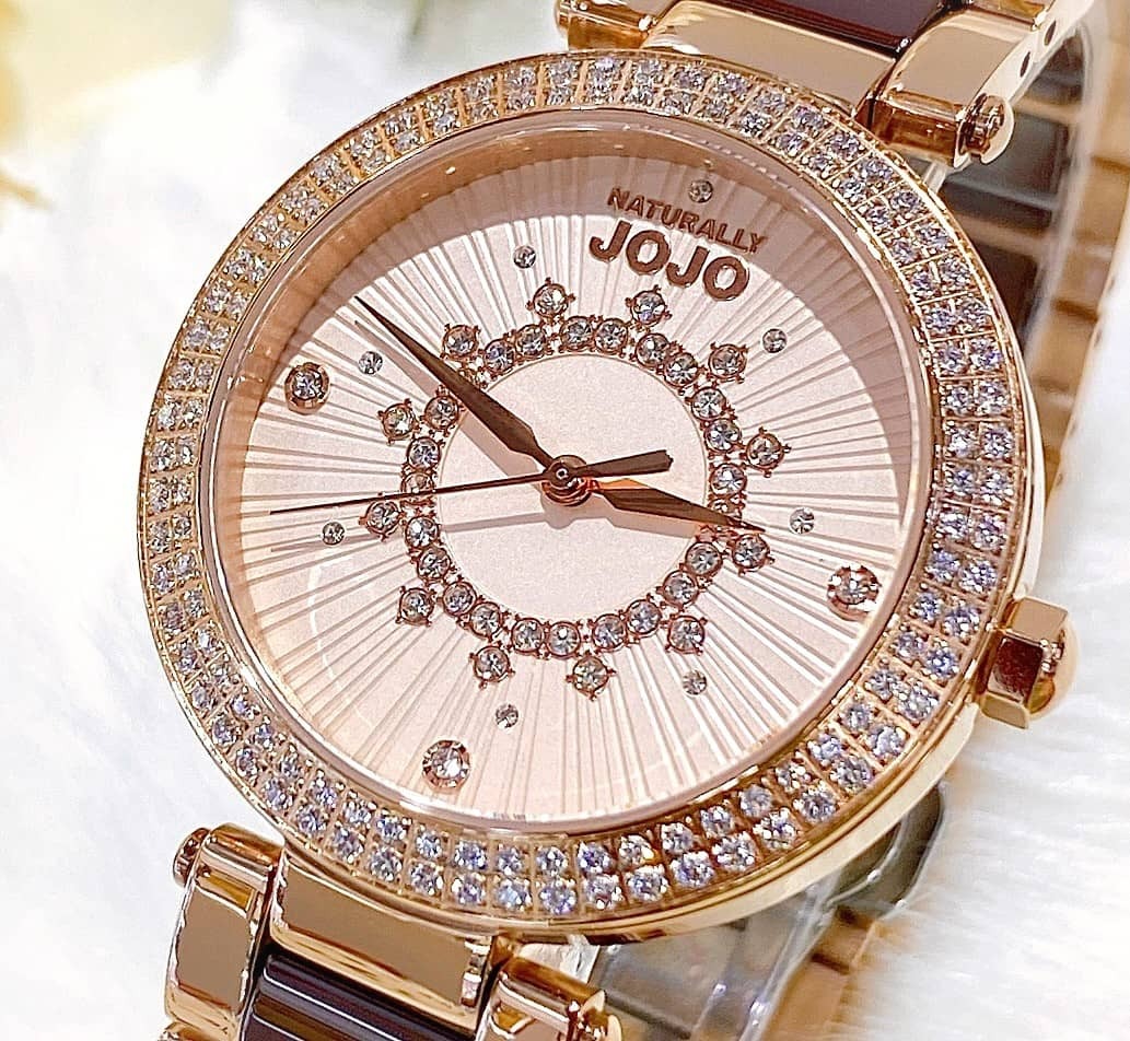 【NATURALLY JOJO】奢華晶鑽 (玫X咖) 半陶瓷腕錶 JO96984-13R 37mm 現代鐘錶